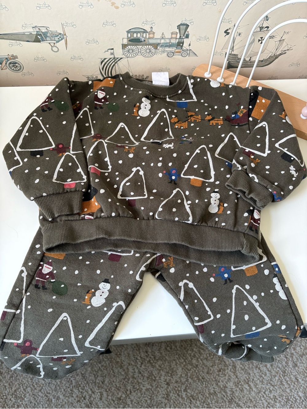 Zara Olive Green Holiday Sweater & Pants Set with White Snow Accents